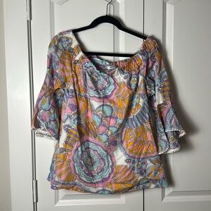 Trina Turk Healdsburg Cotton Printed Off The Shoulder Top Pom Pom Trim